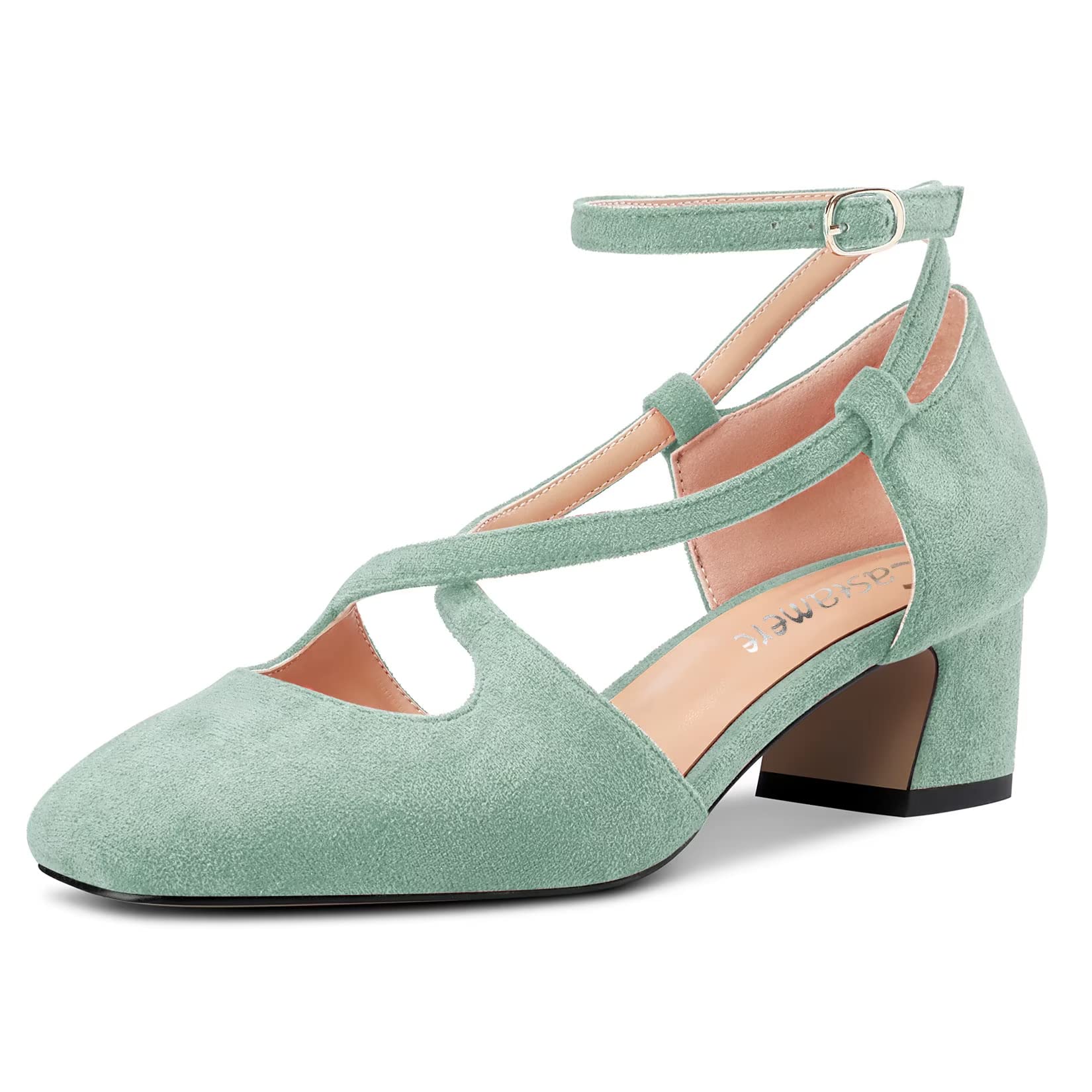 Castamere Women Medium Chunky Wide Heel Square Toe Cross Strap Pumps Party Cute 