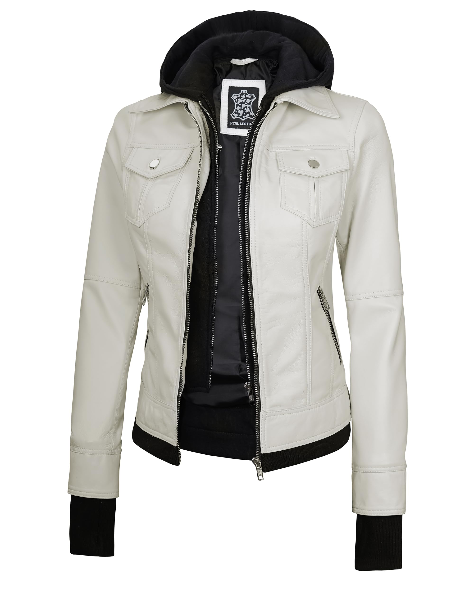 Blingsoul Womens Leather Jacket with Detachable Hood - Real Lambskin Bomber Jack