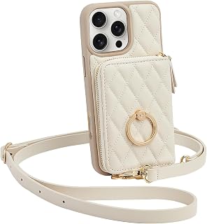 ZVE Wallet Case for iPhone 16 Pro Max with Card Holder, Ring Stand Crossbody Zipper Wallet Lanyard Case for iPhone 16 Pro Max 6.9 Inch-Beige