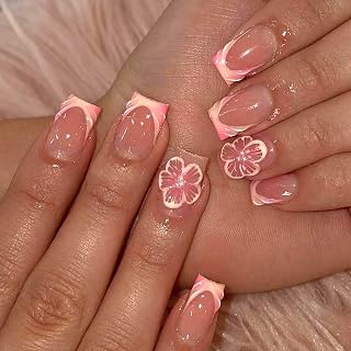 French Floral Press-On Nails 24pcs Short Square Fake Nails 3D Flower Pearl Design, Glossy Acrylic Full Cover Soft Gel Fake Nails Set, Reusable Stick On Nails for Women Daily Wedding Wear