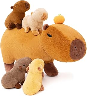 OUOZZZ 15" Capybara Plush Mummy and Babies, Family Set Teddy with 4 Inside | Iconic cute orange on head design; machine washable soft short plush fabric; unique capybara gifts for kids and girls