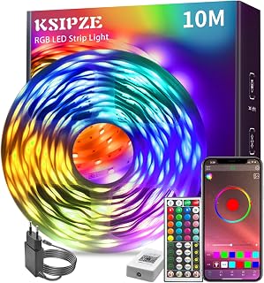 KSIPZE LED Strip 10 m, RGB LED Strip with Remote Control Bluetooth App, Dimmable Colour Changing LED Fairy Lights Light Strip Music Sync, Self-Adhesive LEDs Chain Strip Lighting for Room Party