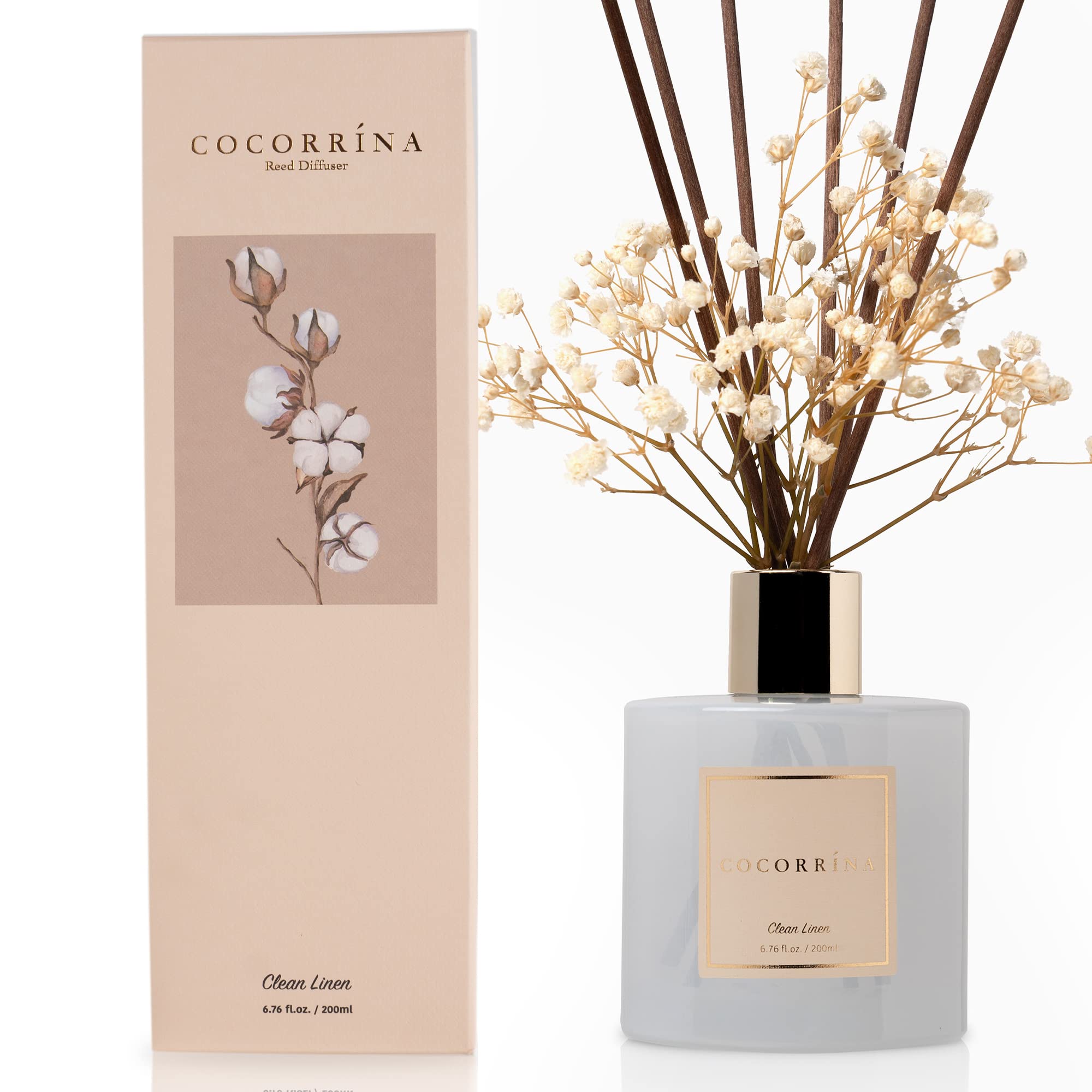 Cocorrína Reed Diffuser Set, Clean Linen 6.7 fl oz Scented Diffuser with Sticks 