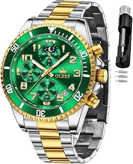 OLEVS Luxury Mens Chronograph Lunar Phase Two Tone Stainless Steel Waterproof Luminous Business Calendar