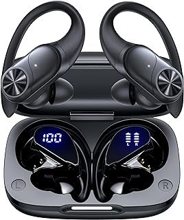 PocBuds Bluetooth Headphones Wireless Earbuds 80hrs Playtime Wireless Charging Case Digital Display Sports Ear Buds with Earhook Deep Bass IPX7 Waterproof Over-Ear Earphones for TV Phone Laptop Black
