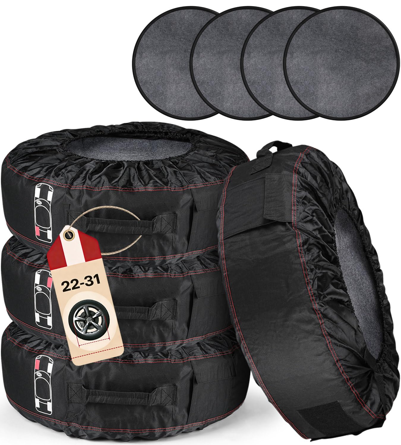 Cholila Cover Set of 4 Seasonal Tire Totes, Fits 22-31in Diameter, Black | 600D 
