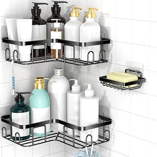MOFOROCO 3-Pack Shower Caddy Corner Basket Shelf with Soap Holder, No Drilling Traceless Adhesive Shower Wall Shelves, Black Bathroom Shower Storage Organizer（ For 90-degree Right-angle Walls）