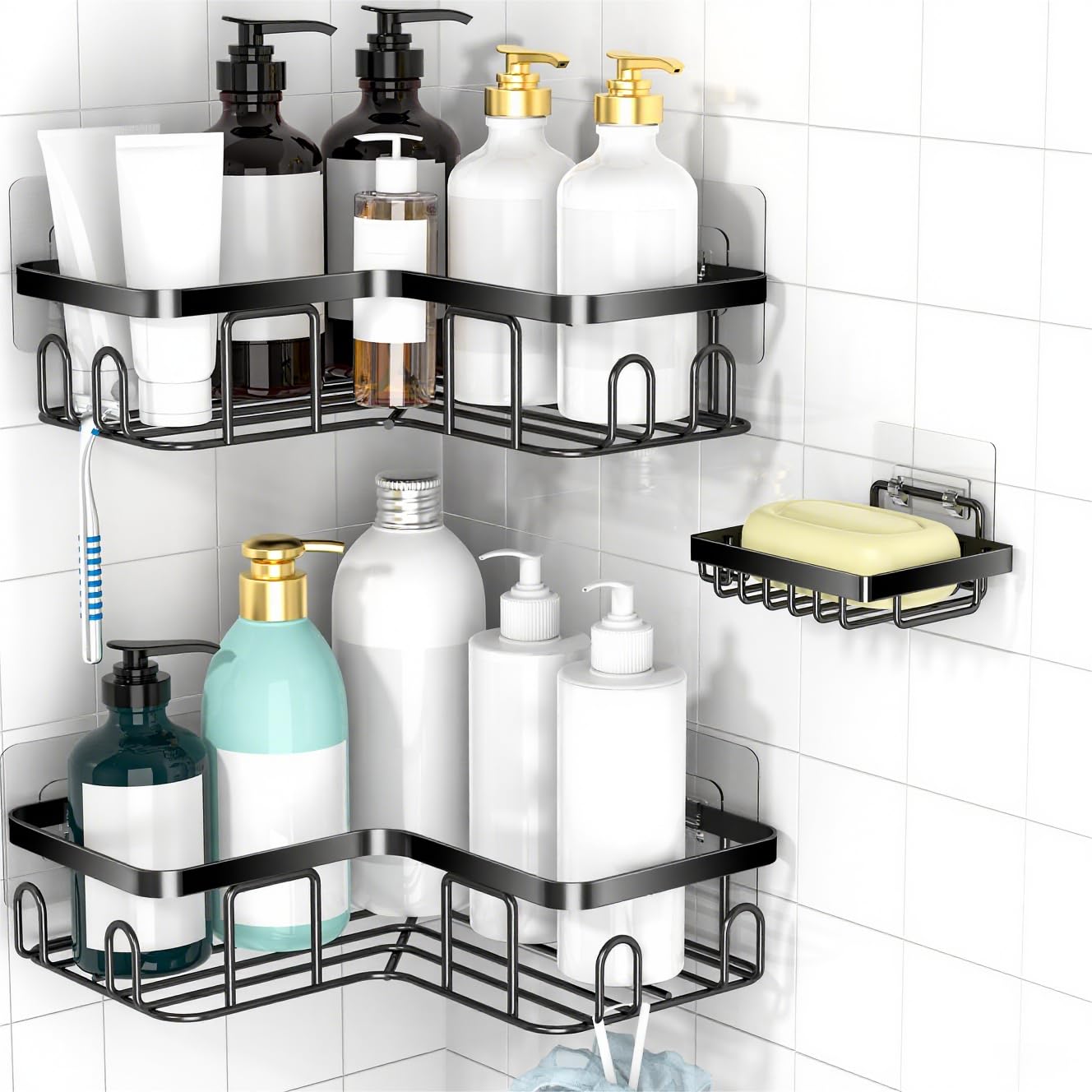 MOFOROCO 3-Pack Shower Caddy Corner Basket Shelf with Soap Holder, No Drilling T