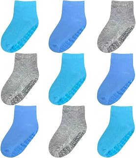 Toddler Socks with Grips (9 Pairs) for 0 Month - 7 Years Old, Mid-Crew Socks for Baby Boy Girl