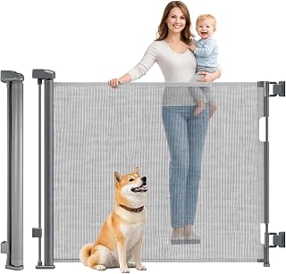 CROWNSHOP Retractable Mesh Stair Gate for Baby and Dog 140cm x 86cm Grey | One-Handed Retractable Safety Gate with Space-Saving Mesh, Ideal for Stairs, Doorways, Hallways and Indoor Dog Safety Use