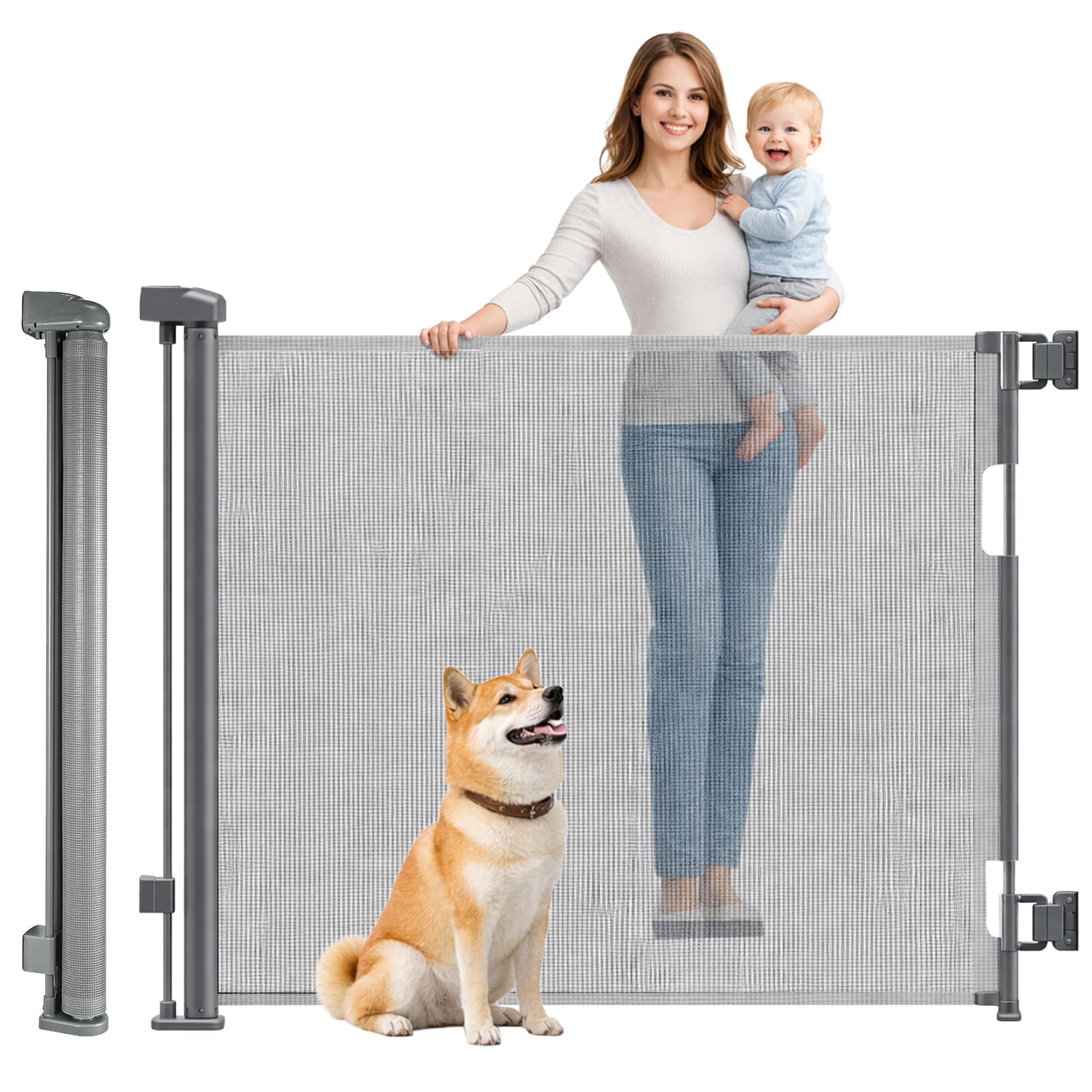 CROWNSHOP Retractable Mesh Stair Gate for Baby and Dog 140cm x 86cm Grey | One-H