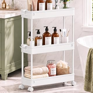 SPACEKEEPER Slim Rolling Storage Cart, Laundry Room Organization, 3 Tier Mobile Shelving Unit Bathroom Organizer Utility Cart for Kitchen, Narrow Places,White