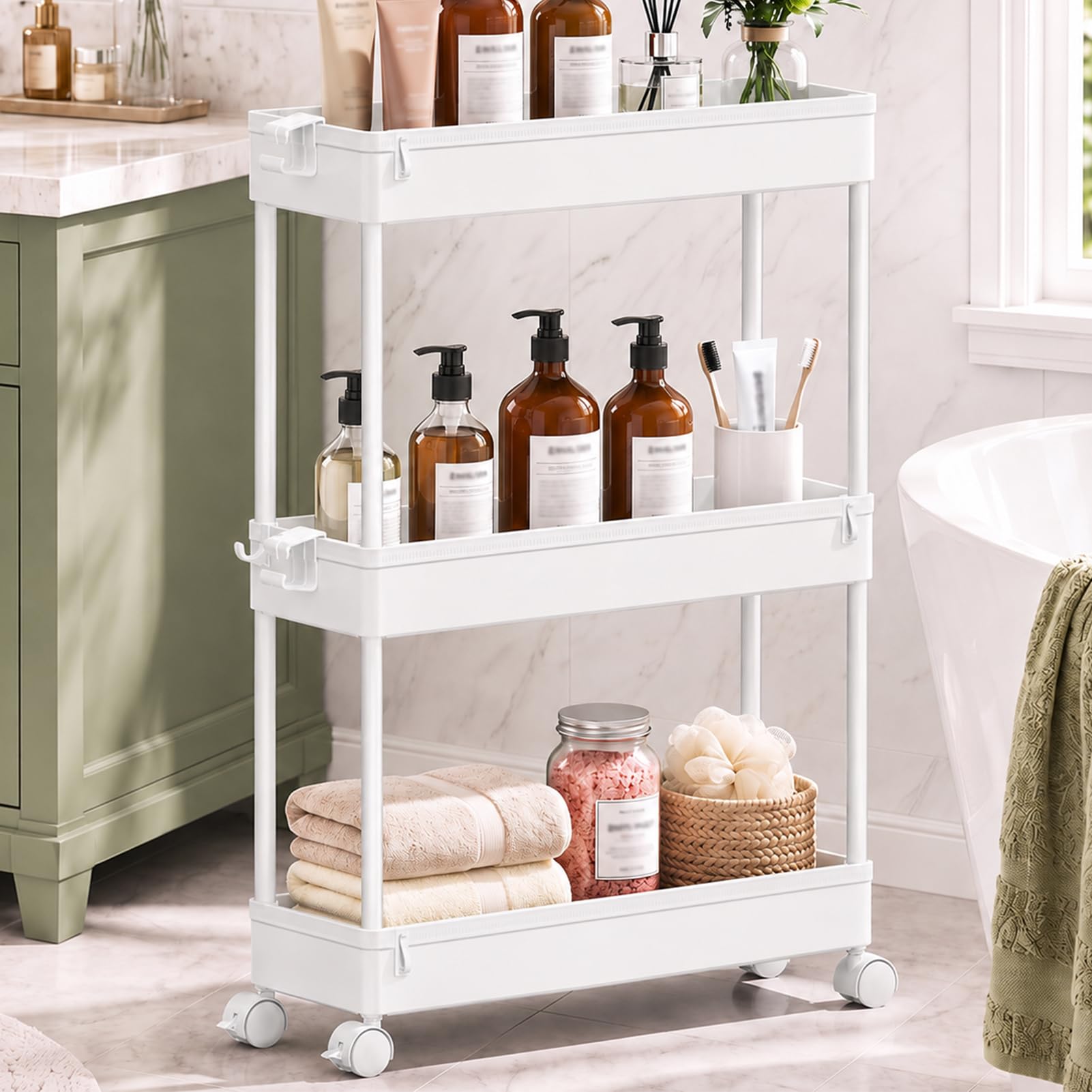 SPACEKEEPER Slim Rolling Storage Cart, Laundry Room Organization, 3 Tier Mobile 