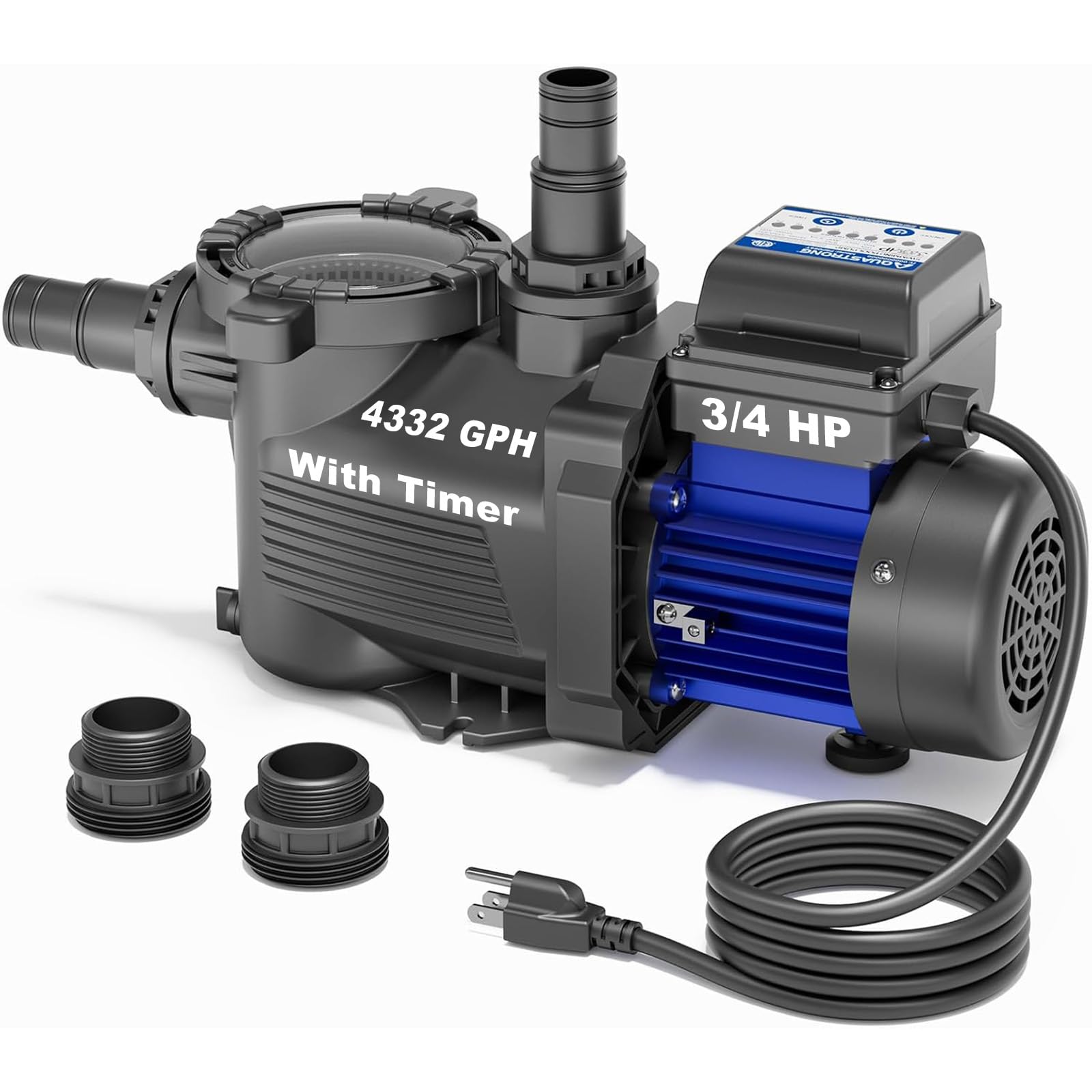 AQUASTRONG 3/4 HP Above Ground Pool Pump with Timer, 1.25"&1.5''adapter, 115V, 4