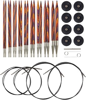 Knit Picks Wood Interchangeable Knitting Needles Set - US 4-11 (Radiant) | 9 sizes of 4.75 inch long knitting needles in multicolor, includes cables, end caps, and connectors.