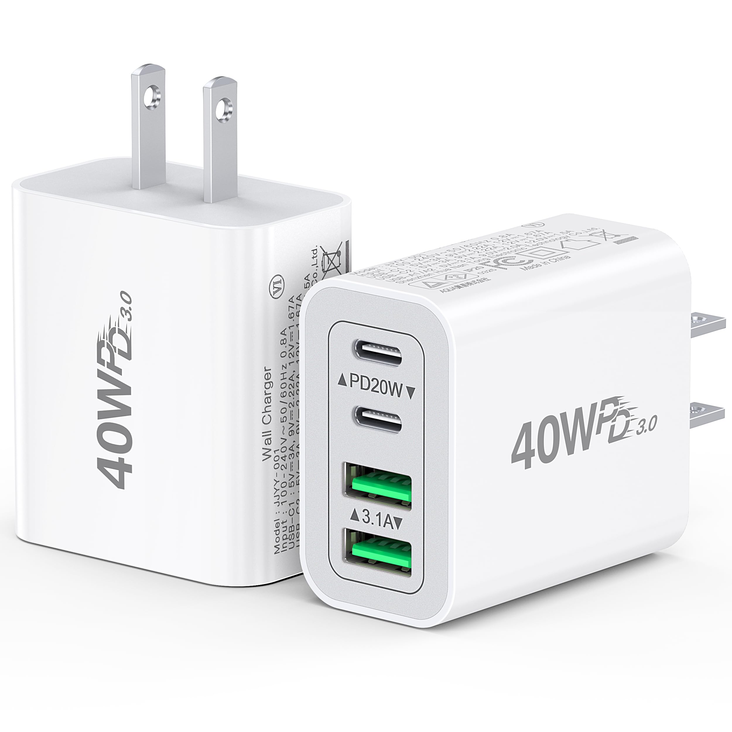 [2-Pack] USB C Charger Block 40W Max Output Type C Fast Charging Wall Plug | 4-P