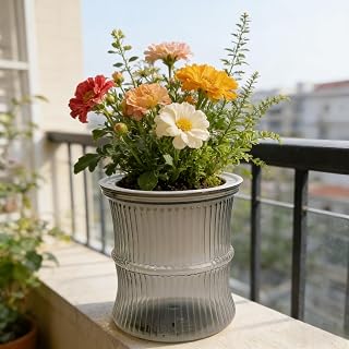 Self-Priming Planter Transparent Plastic Flowerpot Double Tier Flower Pot OOffice Home Decoration 12.2x10.5cm (Light Gray)
