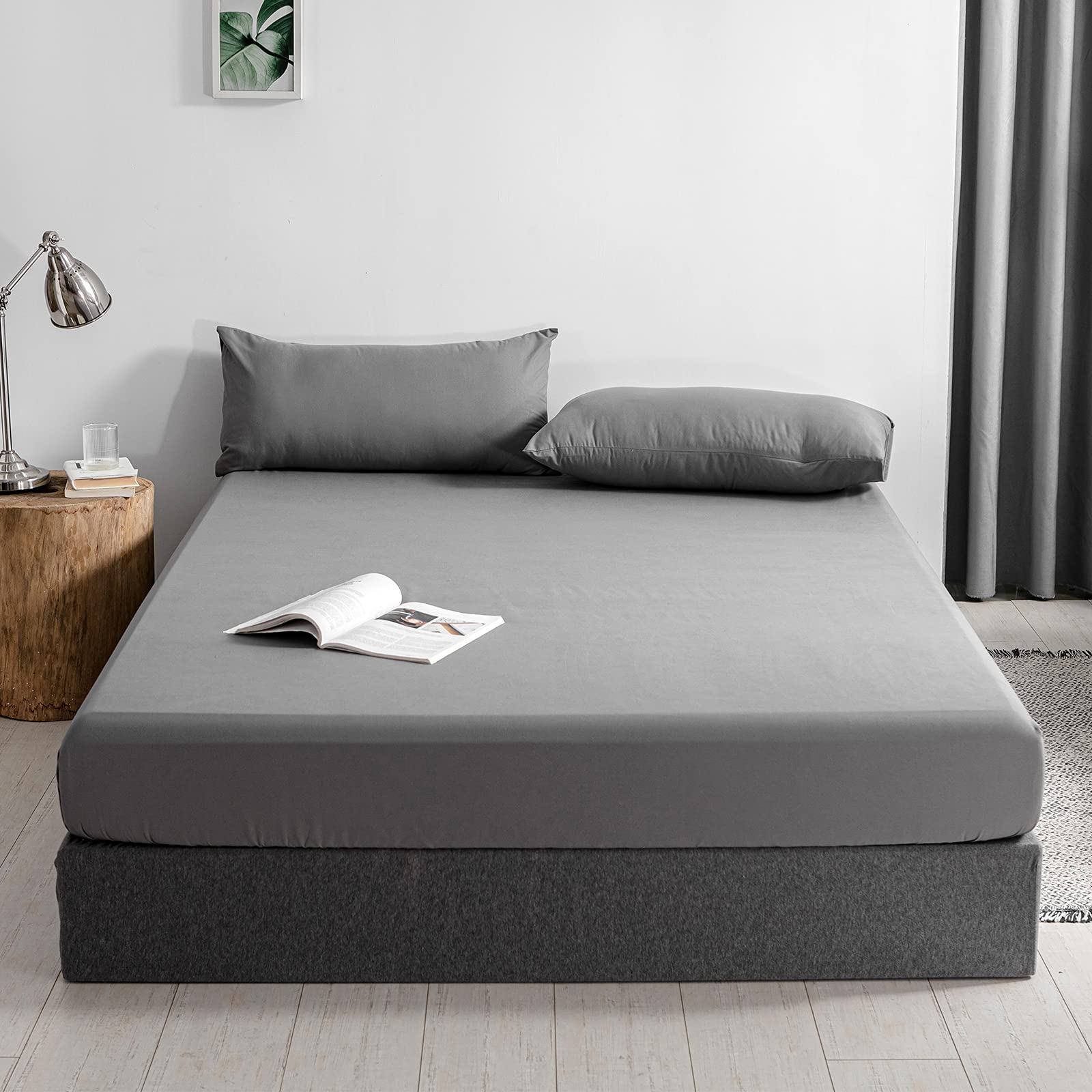 Good Nite Fitted Sheet Polyester Grey 160 x 200 cm, Fitted Sheet 30 cm, Extra De