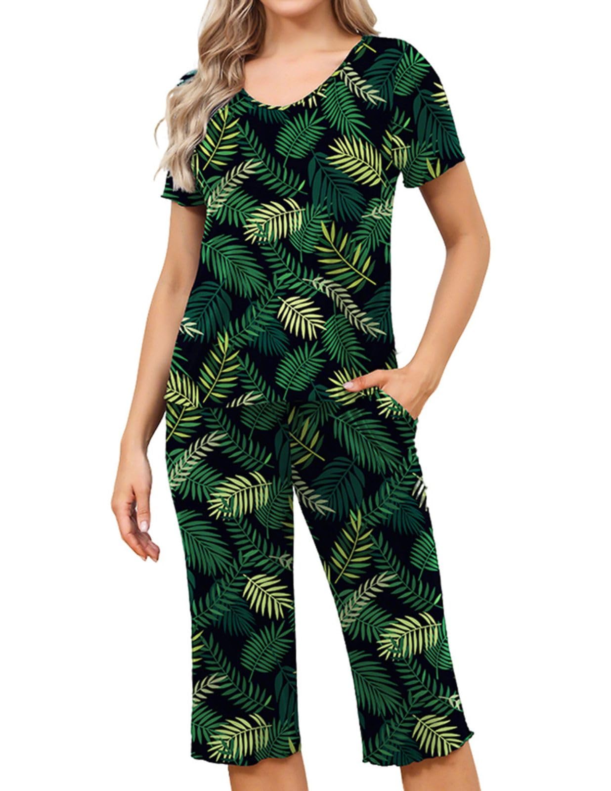 Veseacky Women’s V Neck Short Sleeve Capri Pajama Set – Soft 2-Piece Loungewear 