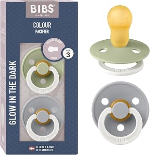 BIBS Colour Glow Dummy, 18-48 Months, 2-Pack, Sage Glow/Cloud Glow | Natural Rubber Latex | Size 3 | BPA-Free | Made in Denmark | Glow Handle | High Teat Acceptance | Airflow Holes