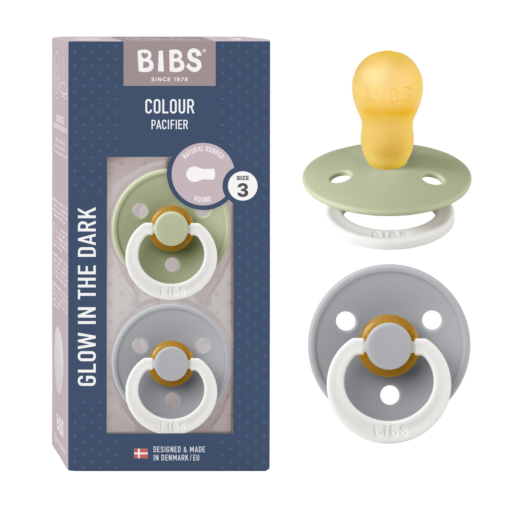 BIBS Colour Glow Dummy, 18-48 Months, 2-Pack, Sage Glow/Cloud Glow | Natural Rub