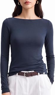 Women's Merino Wool Blend Shirts Boat Neck Long Sleeve Tops Fitted Basic Tee Cozy Embrace Collection
