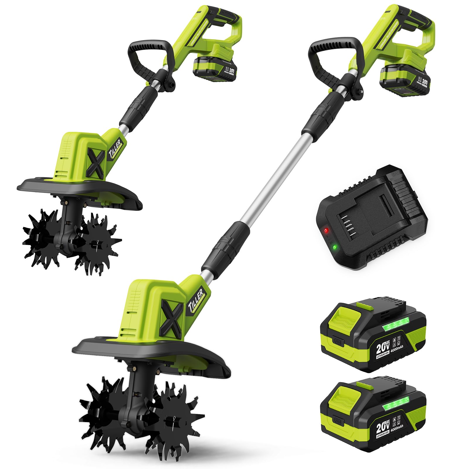20V Cordless Tiller Cultivator for Gardening, 2x4.0Ah Batterie | Battery Powered