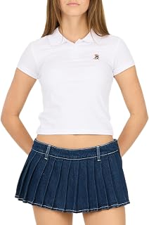 Forever 21 Women's Cropped Polo Shirt Button Placket Embroidery Y2k Top Cropped Polo Shirt – Short Sleeve Fitted Stretch Tee with Button Placket and Chest Embroidery