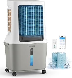 SereneLife Portable Swamp Cooler Air Conditioner - 2500 CFM Airflow, 8 Gallon Water Tank Portable Evaporative Air Cooler for Room & Outdoors, WiFi, Humidifier & Fan Modes, Ice Packs & Remote Included