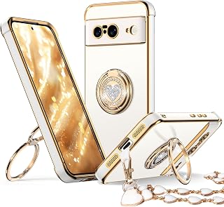 XYZ for Pixel 8 Case with Stand, for Google Pixel 8 Case with Double Ring, Women Girls Bling Luxury Protective Phone Case Heart for Google Pixel 8 Case, White