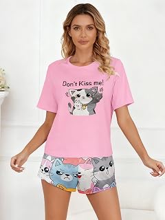 Ladies Pyjama Set 2 Pieces Short Sleeve Tops and Shorts Soft Sleepwear