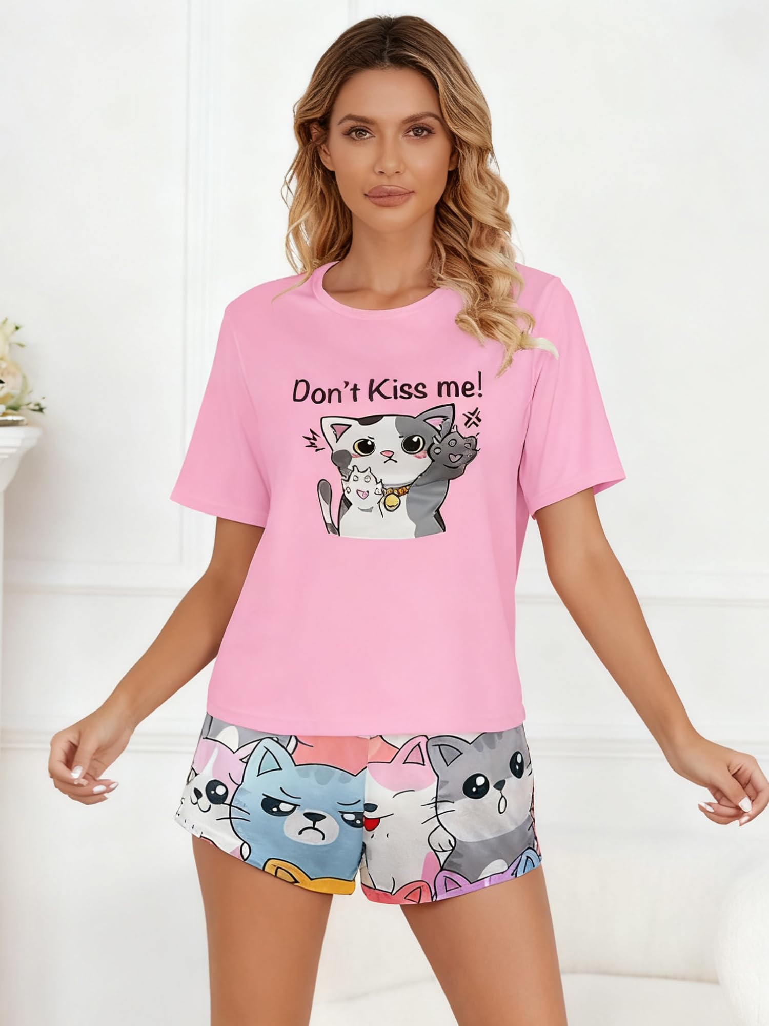 Ladies Pyjama Set 2 Pieces Short Sleeve Tops and Shorts Soft Sleepwear