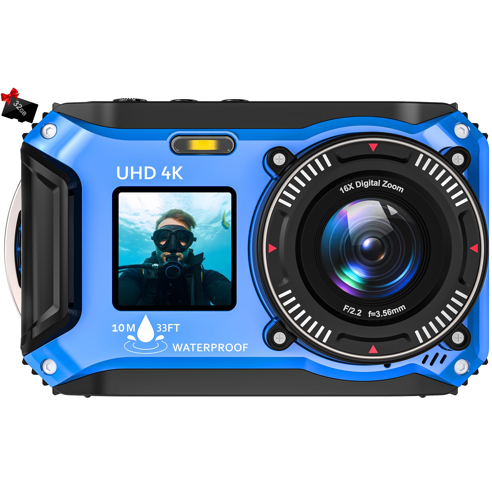 4K Underwater Camera, 33FT Waterproof Camera, 64MP Dual-Screen | Autofocus Point