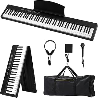 Glarry 88 Key Folding Digital Piano Full Size Electric Keyboard with Semi-Weighted Keys, Portable Keyboard Piano Set With Sustain Pedal, Headphones, MIDI Bluetooth, Black