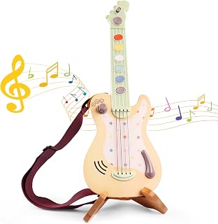 Kids Electronic Guitar Toy with Real Strings & Rock Sound Effects, Wooden Guitar Toy for Toddlers 3-6, Musical Instrument Toy for Kids, Sound Pretend Play Guitar Gift for Boys Girls