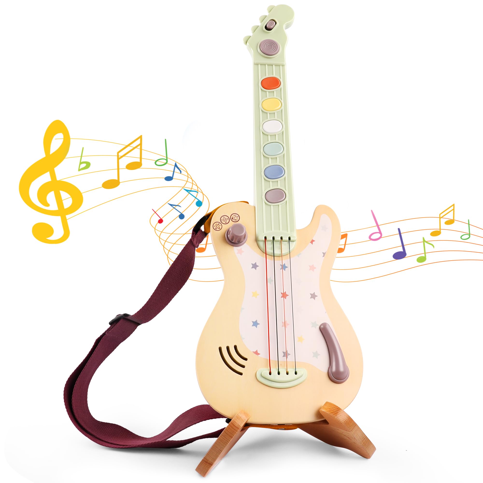 Kids Electronic Guitar Toy with Real Strings & Rock Sound Effects, Wooden Guitar