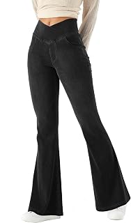 LaiEr Women's Bootcut Jeans V Crossover High Waist Pull On Belly Control Skinny Yoga Trousers, Denim High Elastic Soft Fabric, Flared Fitness Trousers with Side Pockets