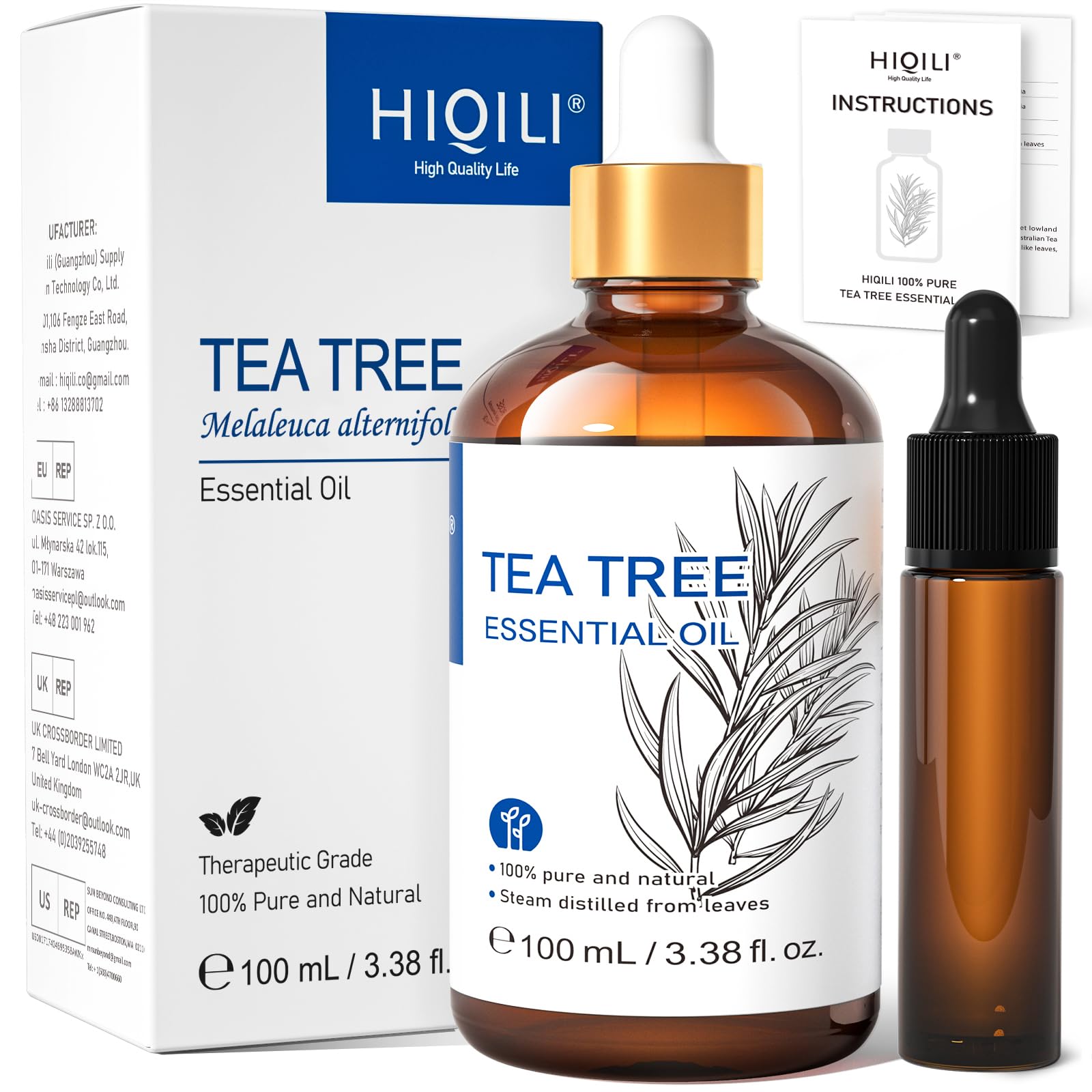 HIQILI Tea Tree Oil for Skin, Toenail, Hair | Add to Shampoo, Body Wash, Spray -