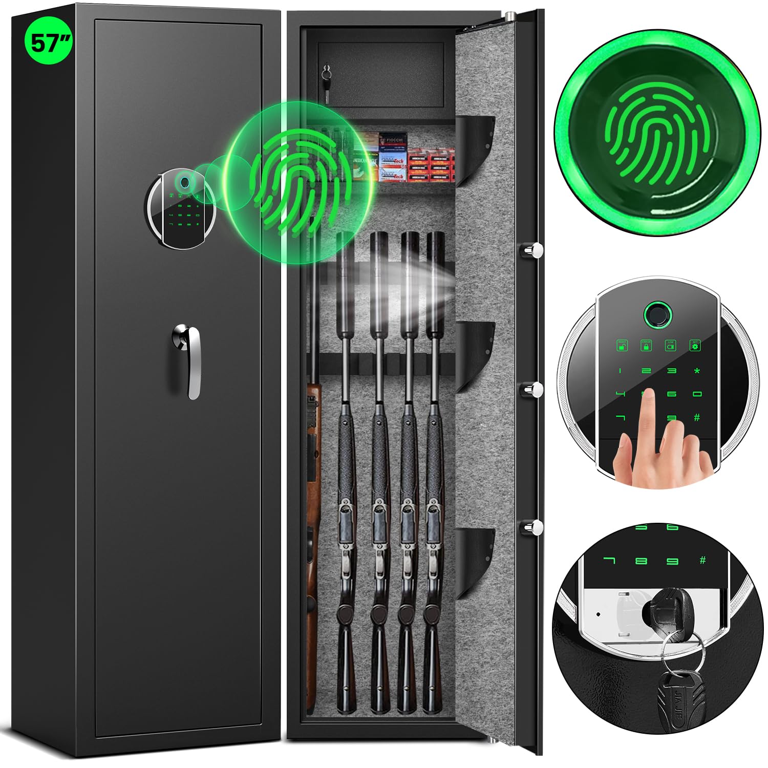 Fireproof Rifle Gun Safe, 57" Biometric Gun Safe for Rifles and Pistols, Quick A