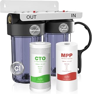 SimPure Whole House Water Filter System, 2 Stages Clear 10" x 4.5" | Reduces Chlorine, Odor, Taste, Iron | Sediment & CTO Carbon Pre-Filtration |1" NPT Brass Port, BPA-Free Heavy Duty