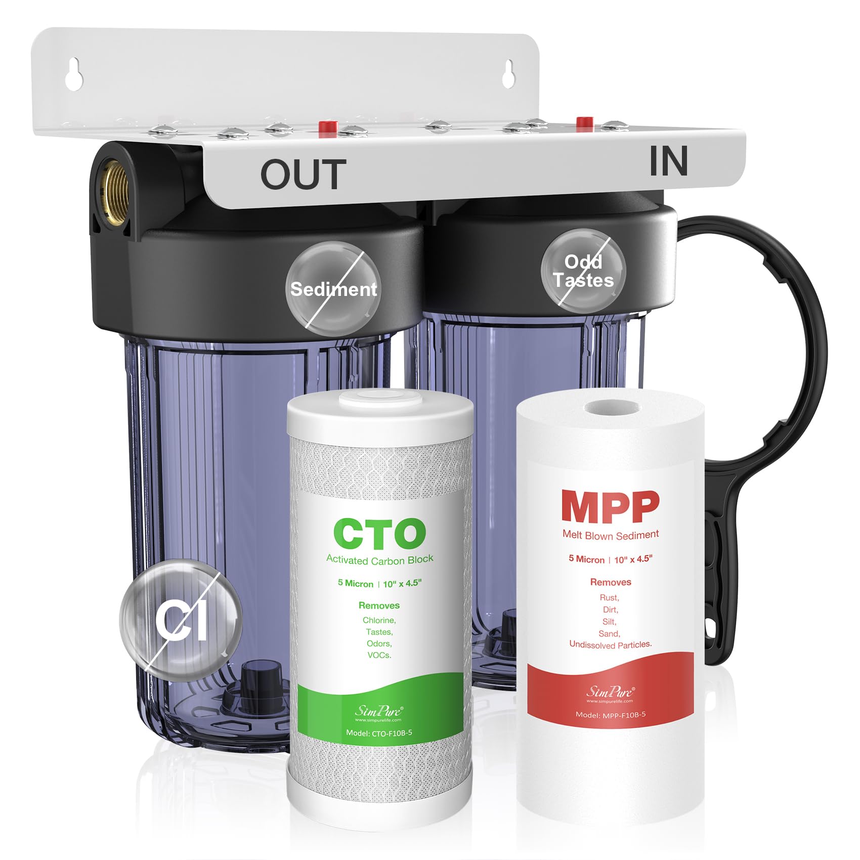 SimPure Whole House Water Filter System, 2 Stages Clear 10" x 4.5" | Reduces Chl