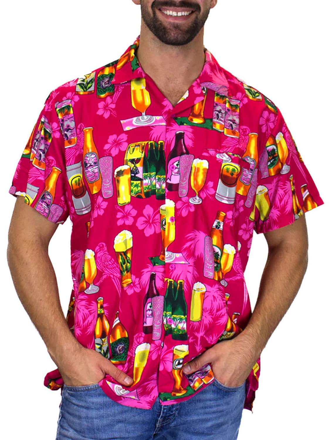 V.H.O. Funky Hawaii-Hemd Herren Kurzarm Front-Tasche Standard-Fit Bier-Flaschen 