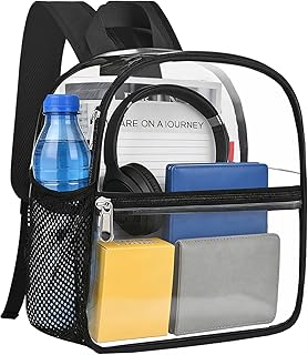 Clear Backpack for Stadium Events Stadium Approved Sports Fan Backpacks | Mini Small Clear Bag 12x12x6 Heavy Duty with Front Pocket for Sport Concert Work Travel（Nylon Shoulder Straps,Black）