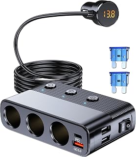 LIHAN 7-1 Cigarette Lighter Splitter, 3-Socket Adapter with PD 30W Type-C | 12V/24V Car Charger, QC3.0 &amp; Dual USB Ports, Independent Switches, Voltage Display, 3.3FT Extension Cord for Truck RV SUV
