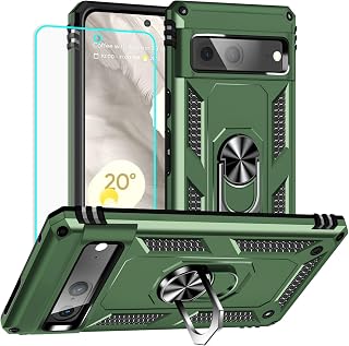 Yiakeng for Google Pixel 7 Case: with Screen Protector - Military Grade Protective Cases with Finger Ring Holder Kickstand for Pixel 7(Army Green)