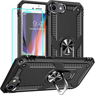 Yiakeng iPhone 8 Case, iPhone 7 Case, iPhone SE 2020/2022 Case with Screen Protector, Military Grade Protective Case with Ring for iPhone 8/7/SE 2020 (Black)