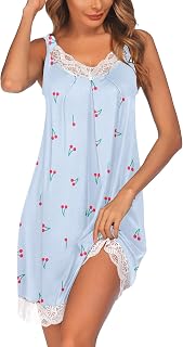 Ekouaer Women's Sleeveless Nightgown Sexy Loose Lace Petticoat V Neck Soft Jersey Short Summer Lingerie S-XXXL