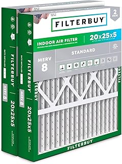 Filterbuy 20x25x5 Air Filter MERV 8 Dust & Allergy Defense (2-Pack) | Pleated HVAC AC Furnace Replacement for Honeywell FC100A1037, Lennox X6673 & More (Actual Size: 19.88 x 24.75 x 4.38)