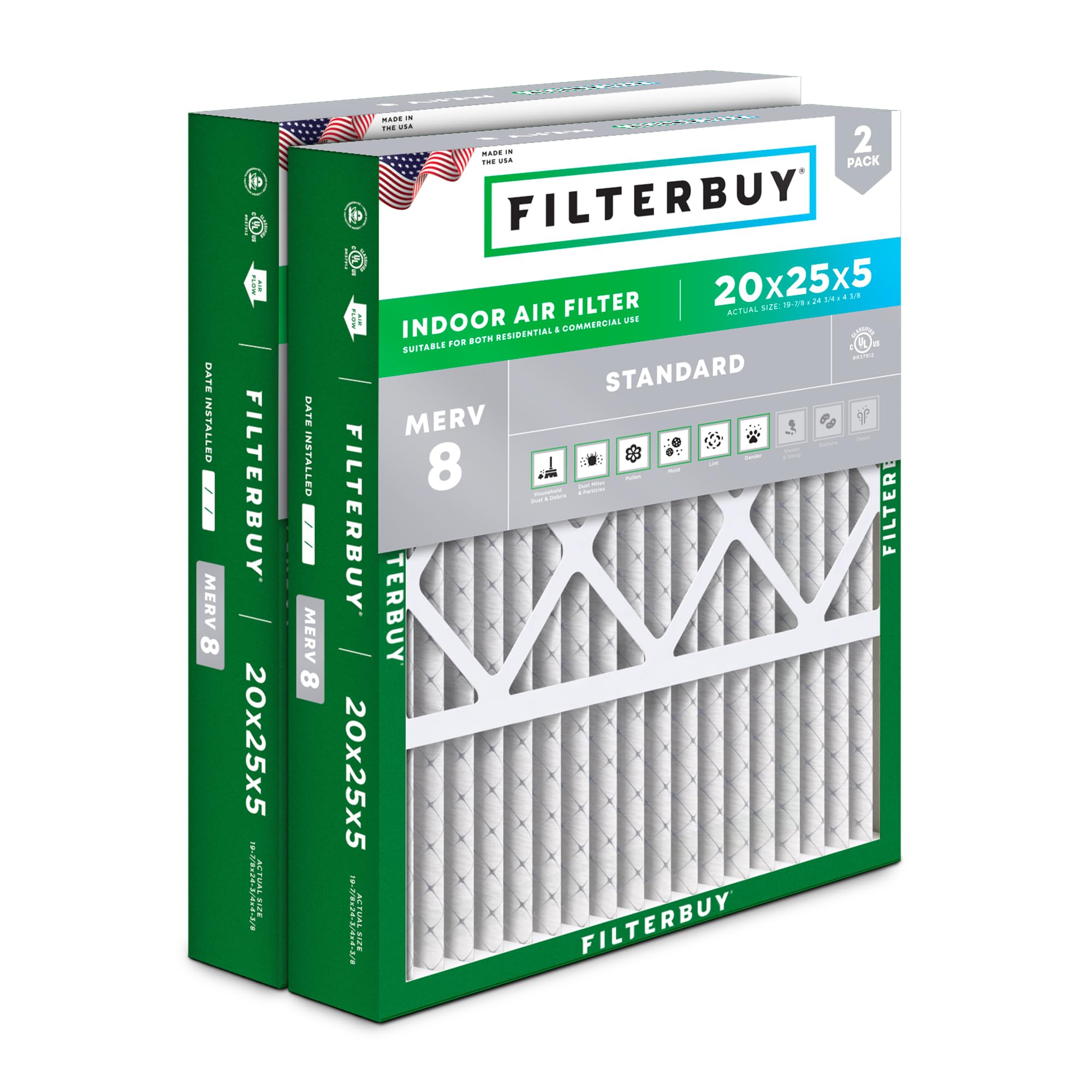 Filterbuy 20x25x5 Air Filter MERV 8 Dust & Allergy Defense (2-Pack) | Pleated HV