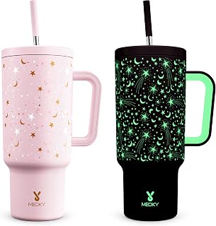 Meoky 1200ml Tumbler with Handle and Straw: Glow in the Dark Tumbler with Lid and Straw, Stainless Steel Insulated Car Cup Holder for Travellers, Commuters and